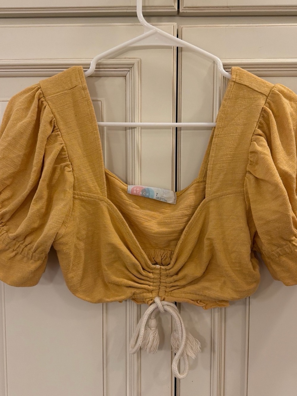 Yellow Puff Sleeve Drawstring Crop Top